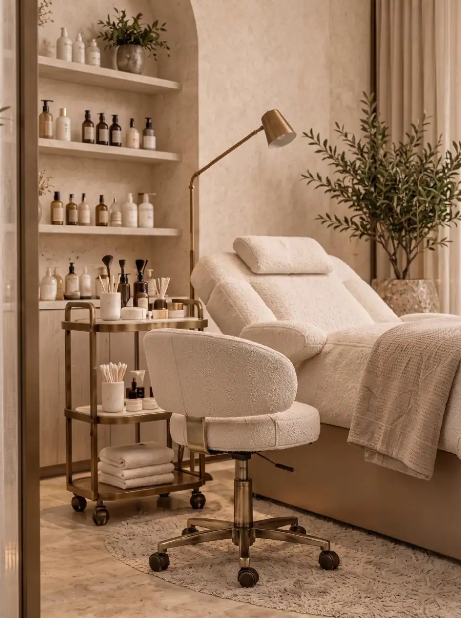 Facial bed, bouclé stool and a brass trolley beside arched product shelves