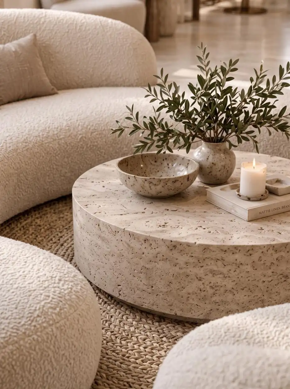 Round travertine table with an olive branch and a candle among bouclé seats