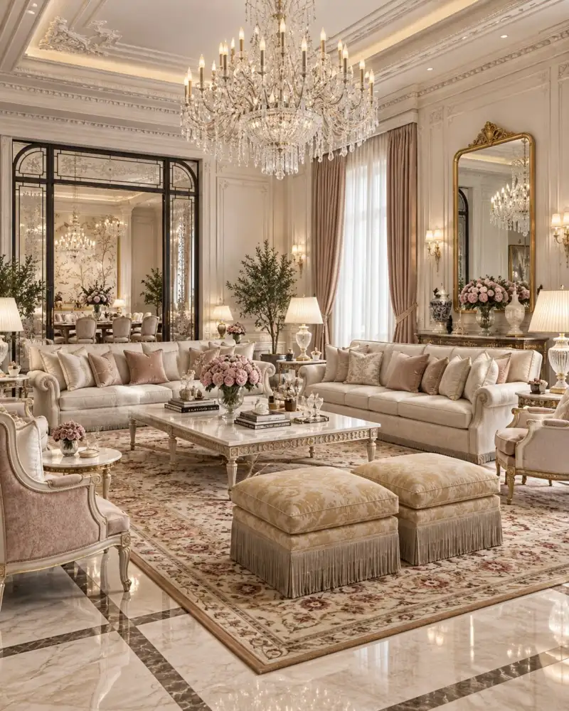 Living room with a crystal chandelier, ivory sofas and fringed ottomans