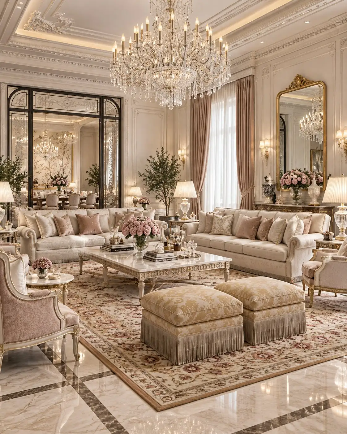 Living room with a crystal chandelier, ivory sofas and fringed ottomans