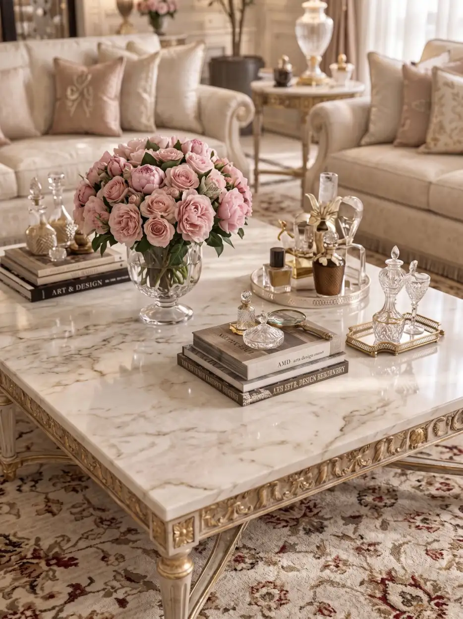 Marble coffee table with pink roses and books