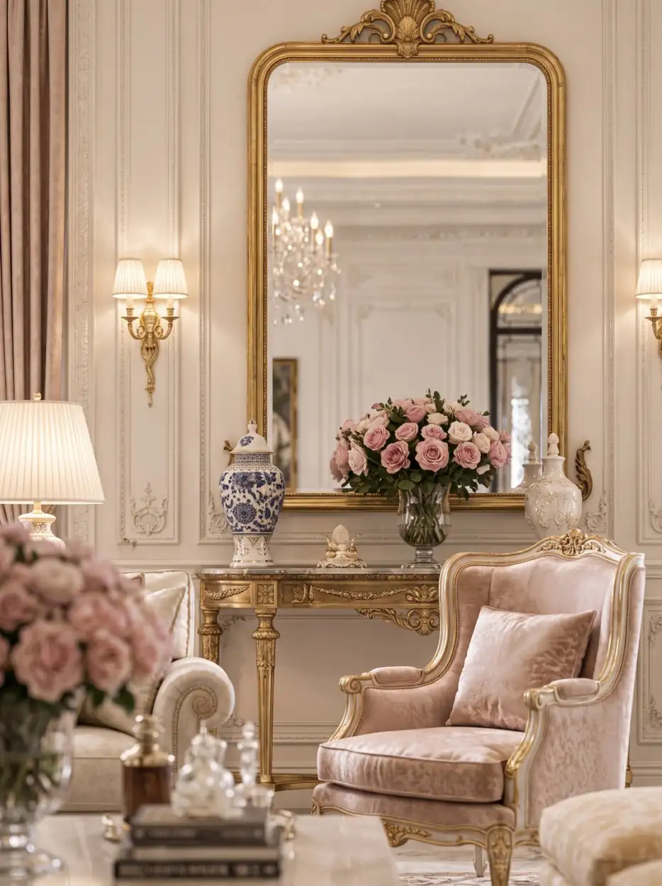 Pink armchair beneath a gilded mirror and wall lights