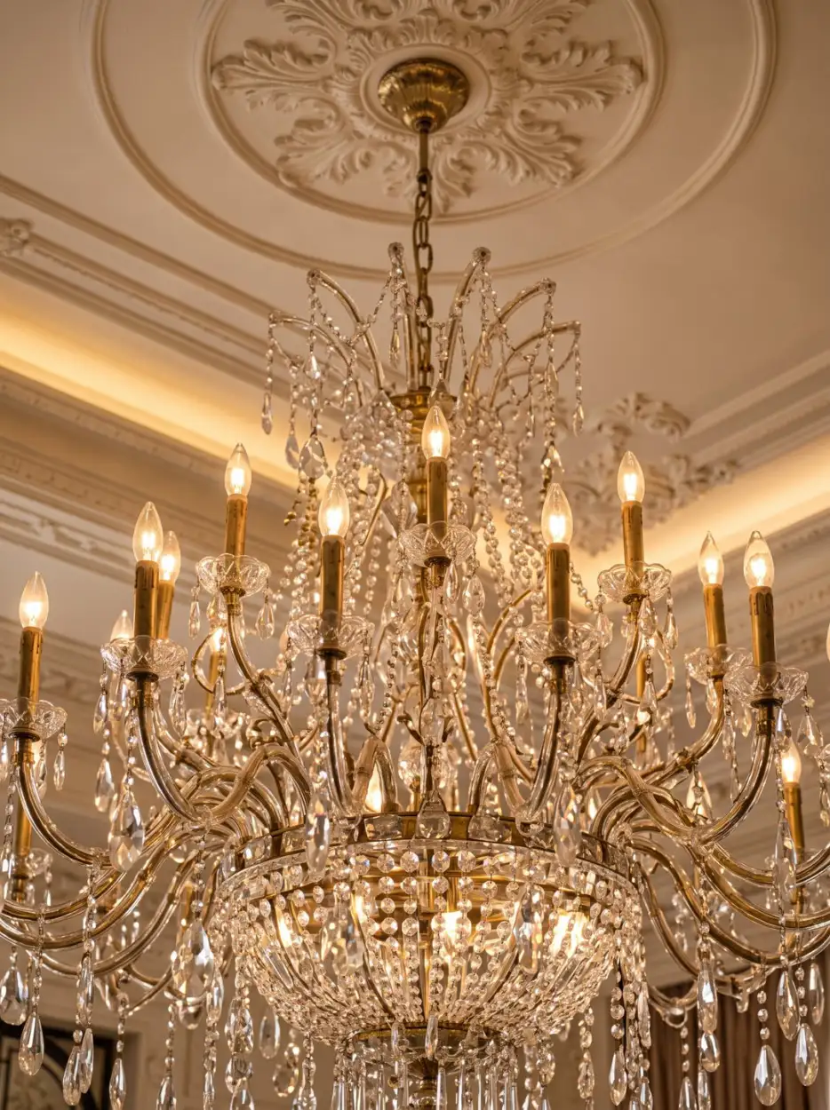 Crystal chandelier under an ornate plaster ceiling