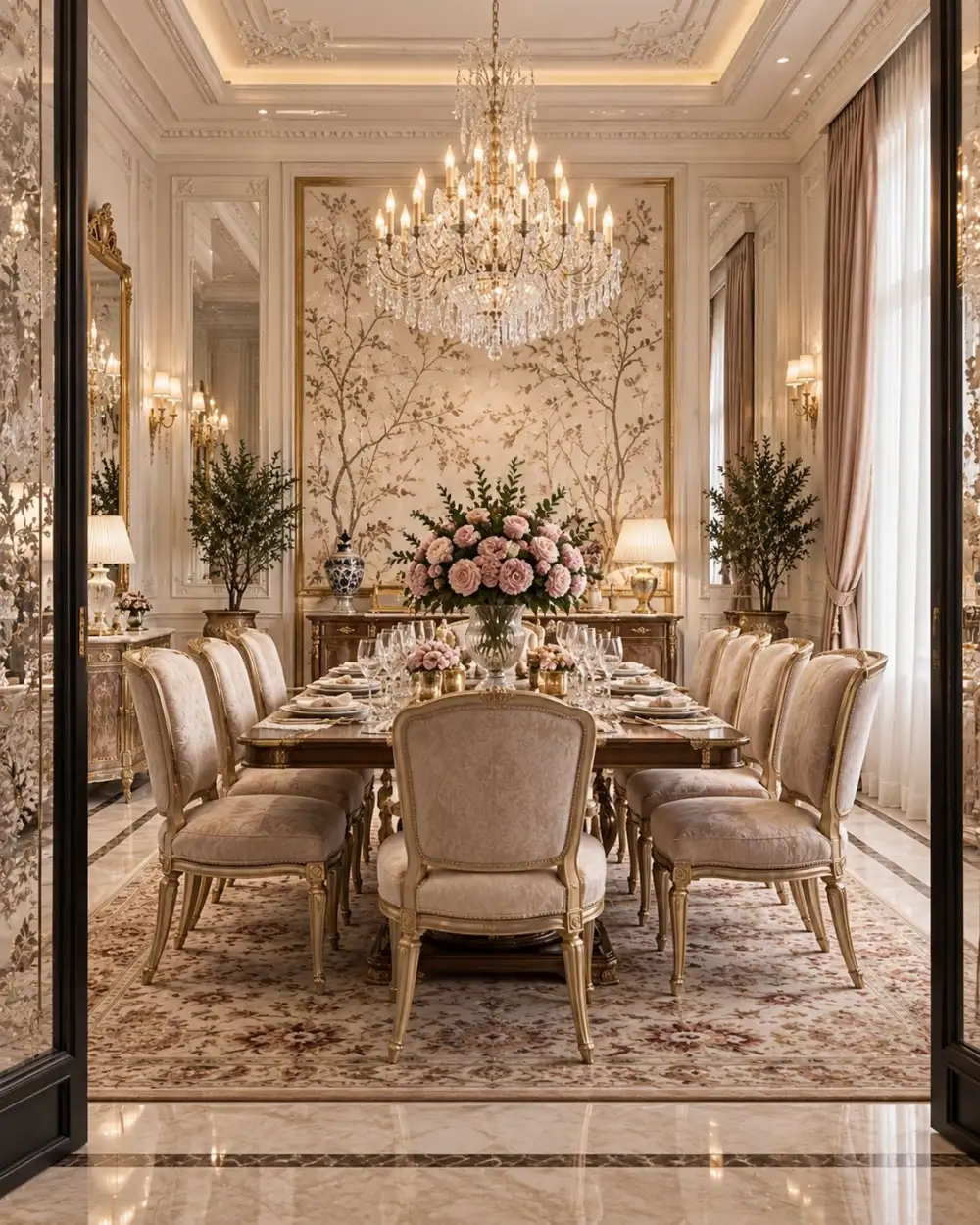 Dining room with a long table, upholstered chairs and a botanical mural