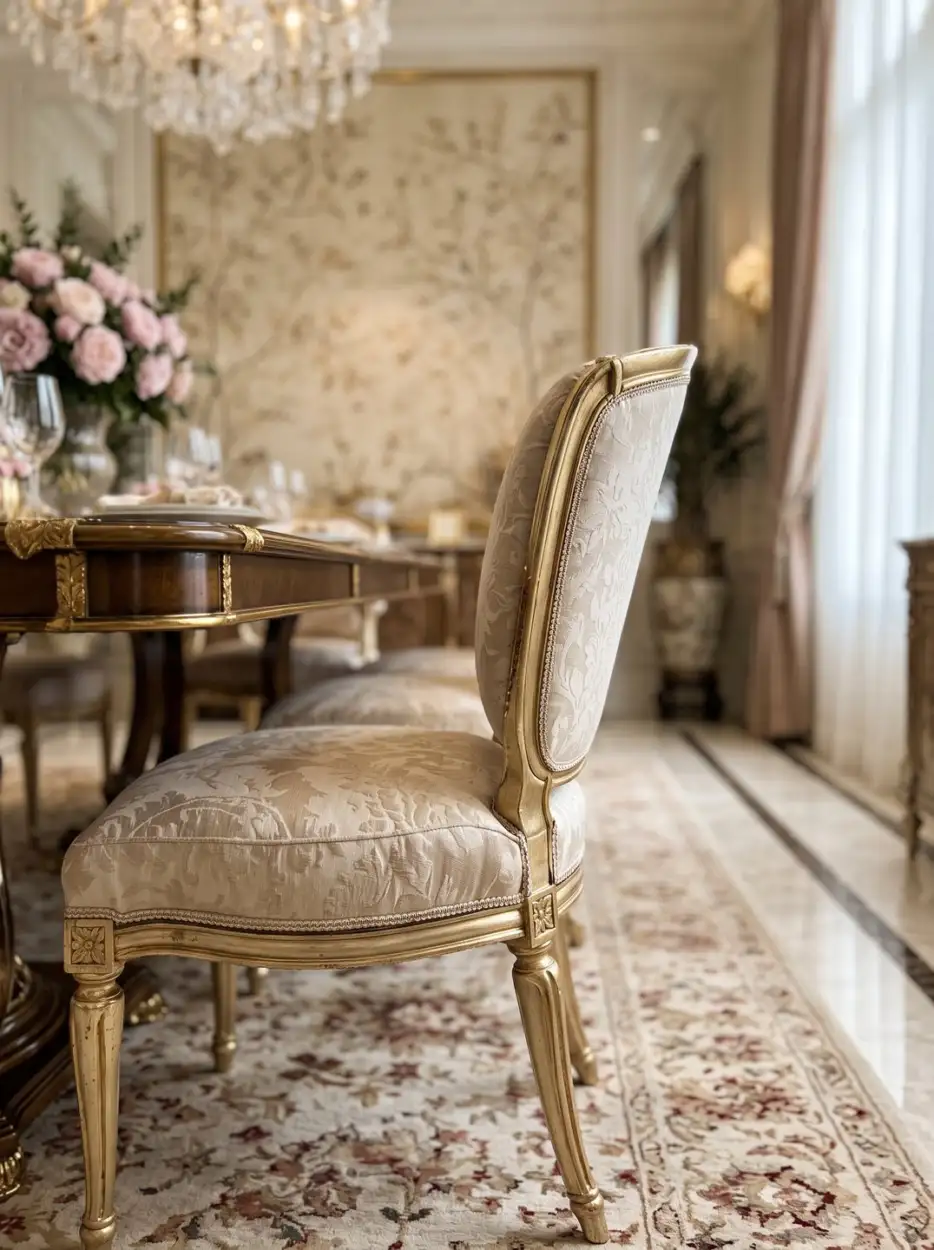 Upholstered dining chair with a gilded frame