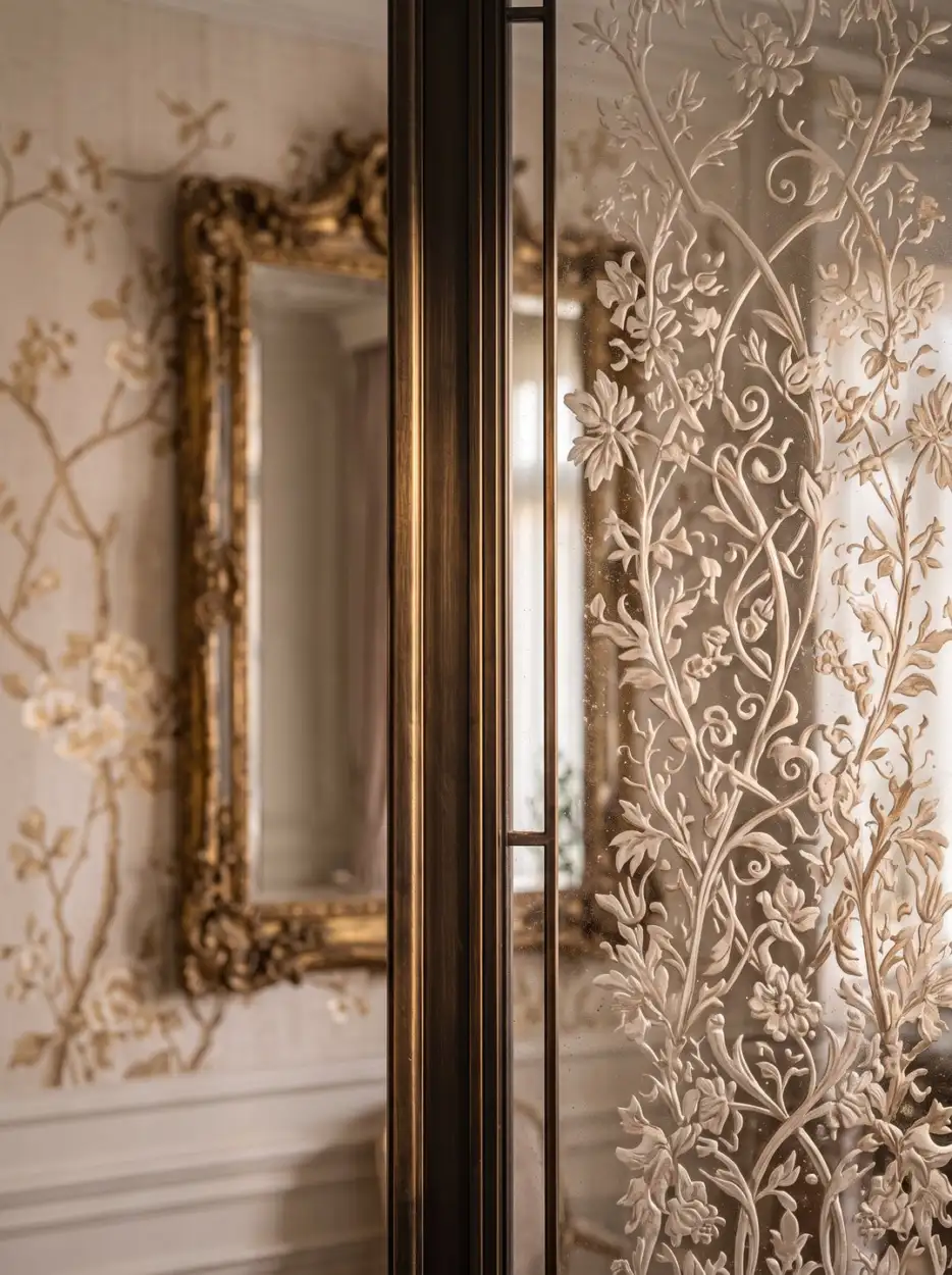 Gilded mirror beside a carved botanical screen