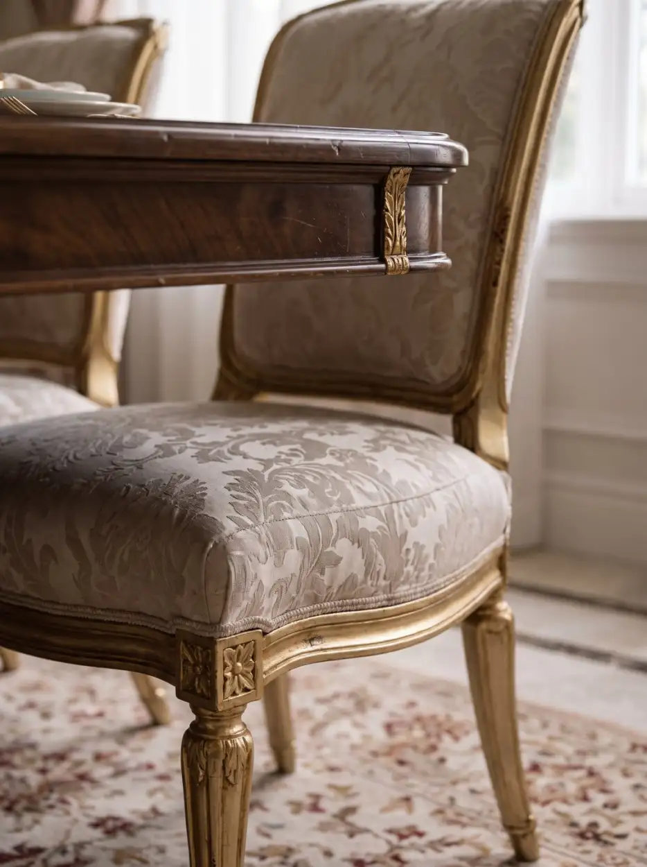 Dining chair in patterned fabric beside a dark timber table