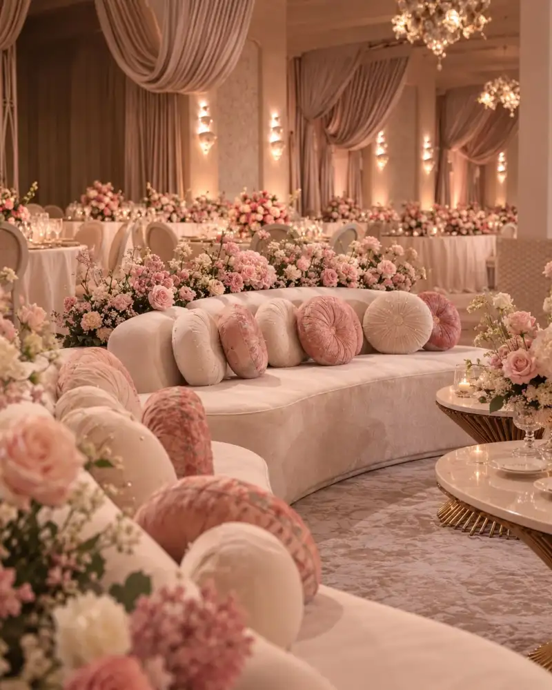 Curved cream sofas with round blush and ivory cushions, beside tables of flowers and dates