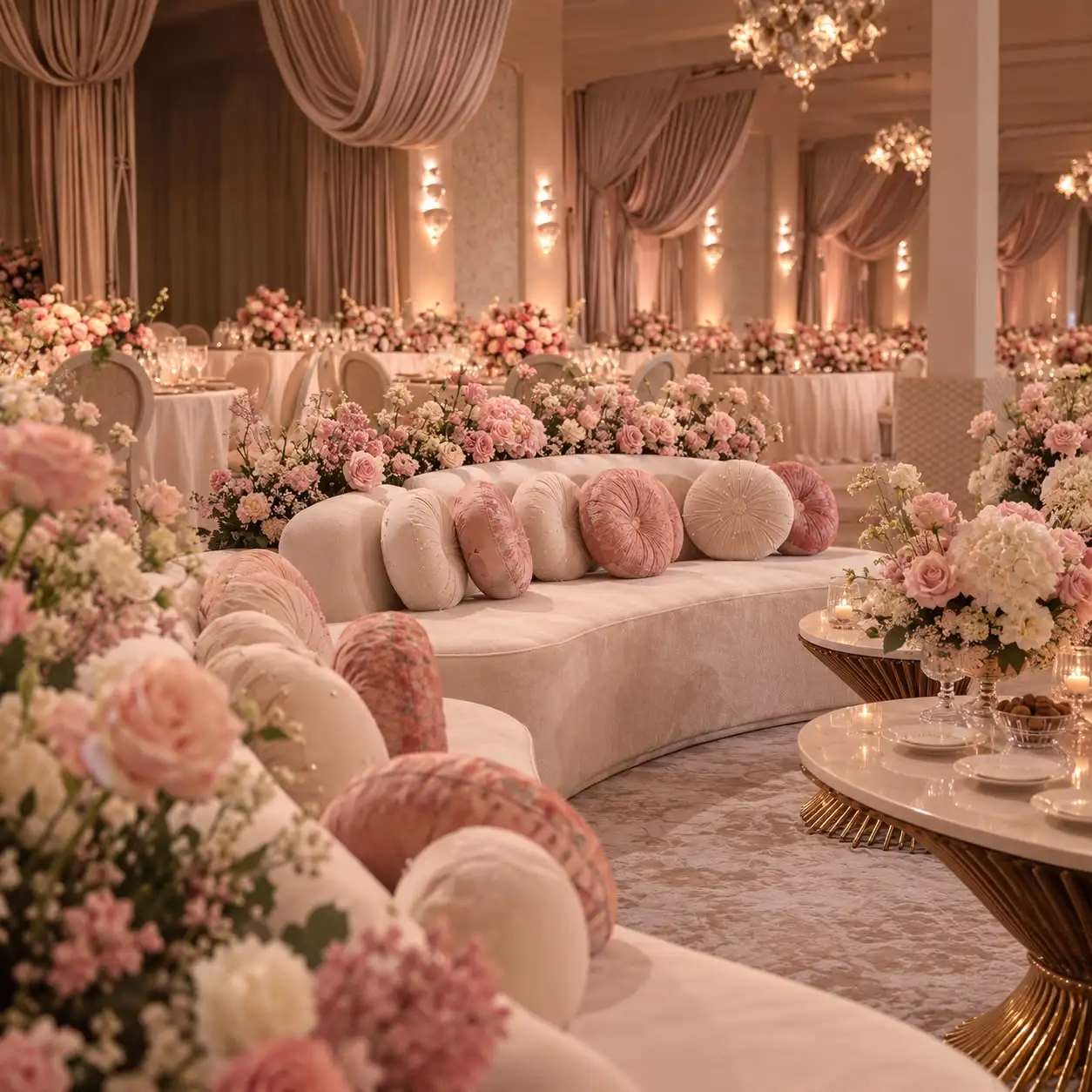 Curved cream sofas with round blush and ivory cushions, beside tables of flowers and dates