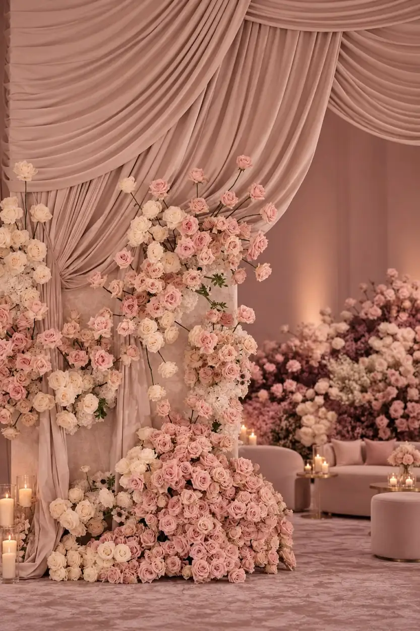 Blush drapes with cascading pink and ivory roses and candles, before a lounge of soft sofas
