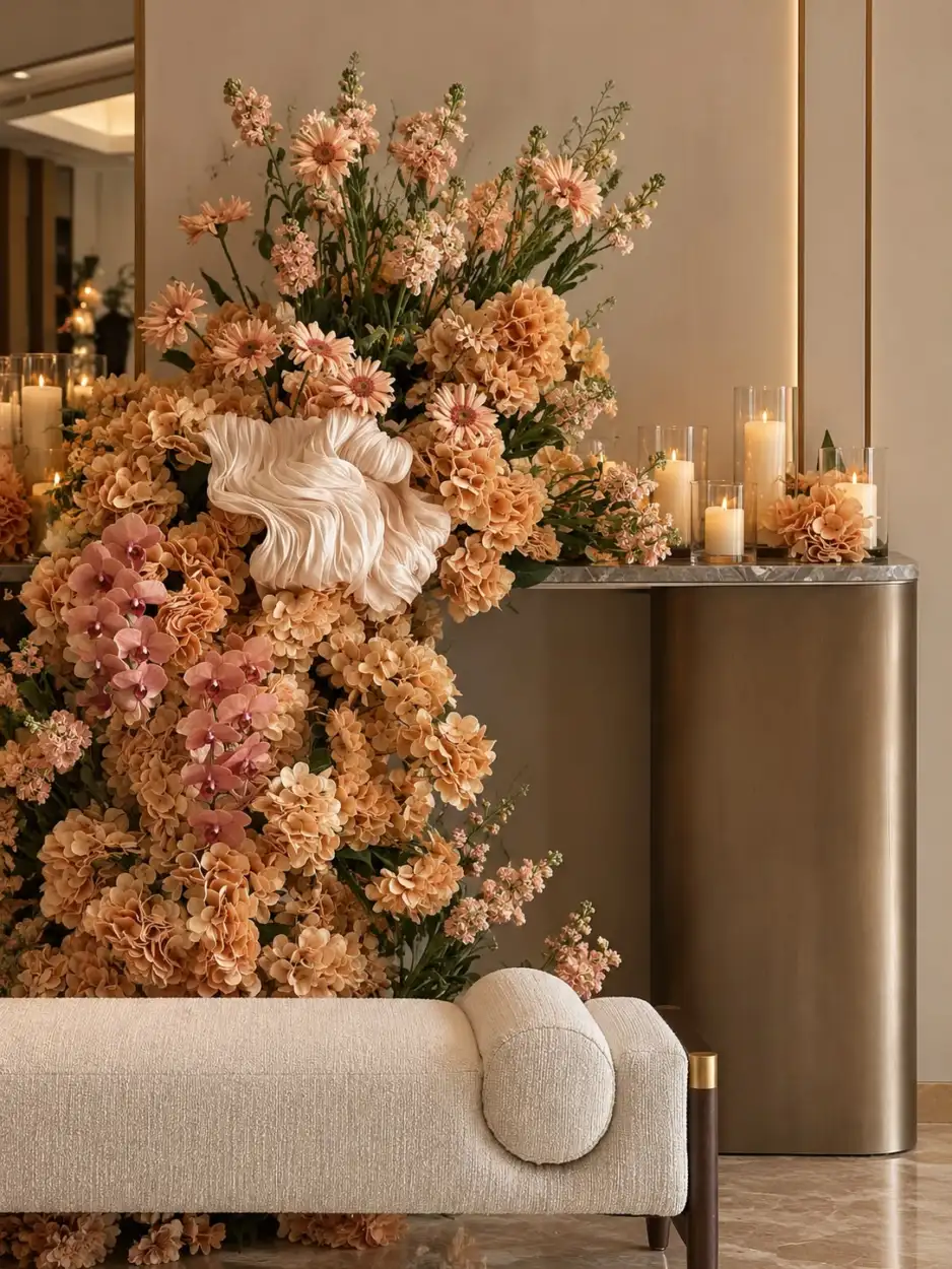 Column of peach hydrangeas and pink orchids beside a candlelit console and a cream bench