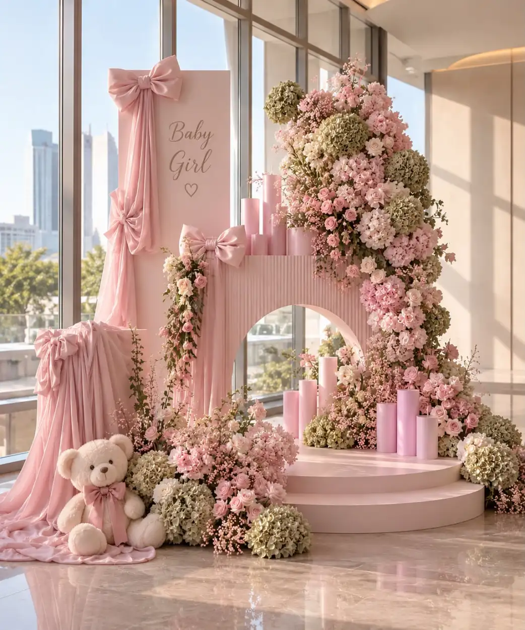Baby girl reception corner with a pink arch, bows, candles, a teddy bear and hydrangeas