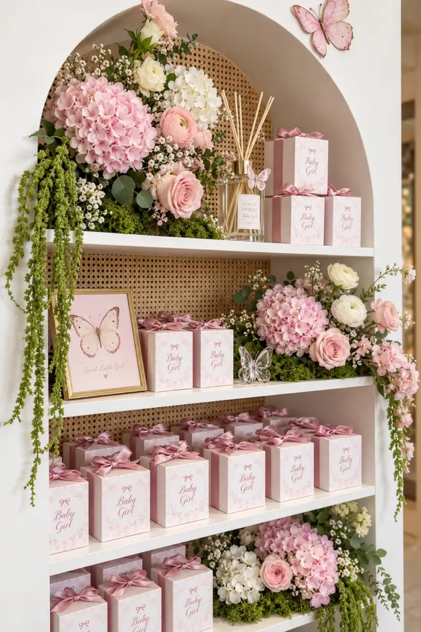 Arched shelf of baby girl favour boxes with pink hydrangeas, roses and butterflies