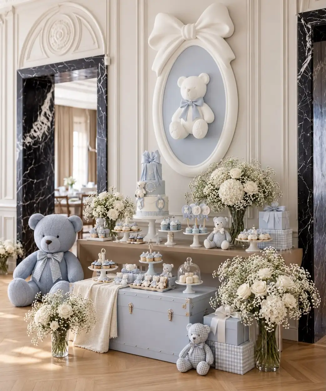 Blue dessert table for a baby boy with teddy bears, a tiered cake and white flowers