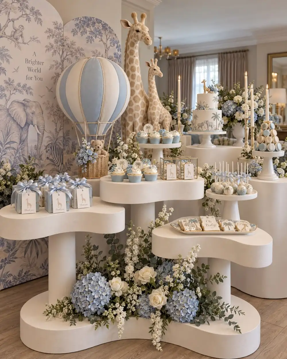 Safari-themed dessert display with giraffes, a hot-air balloon, cupcakes and blue hydrangeas