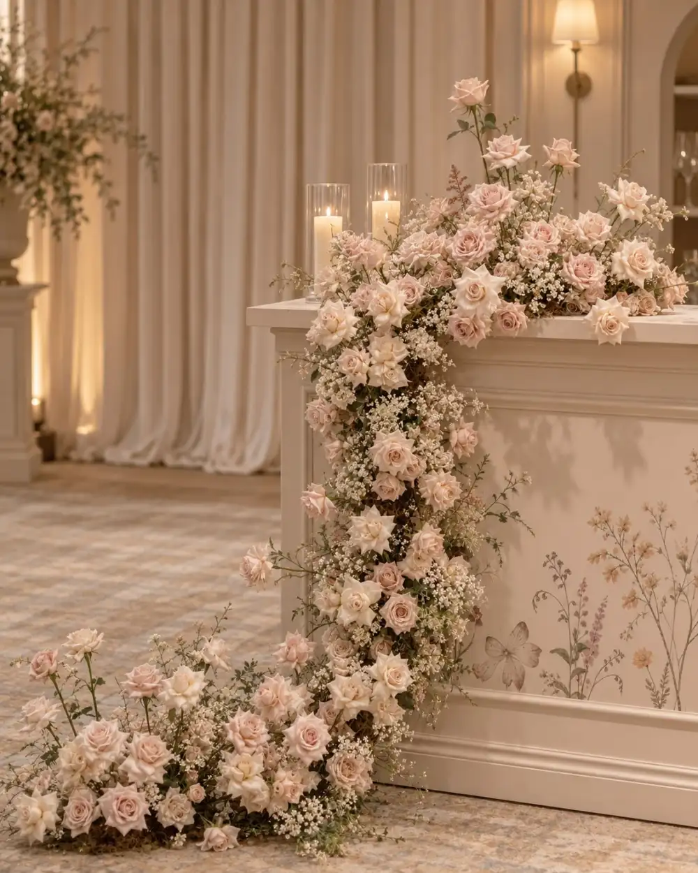 Blush roses cascading over a console painted with wildflowers and a butterfly