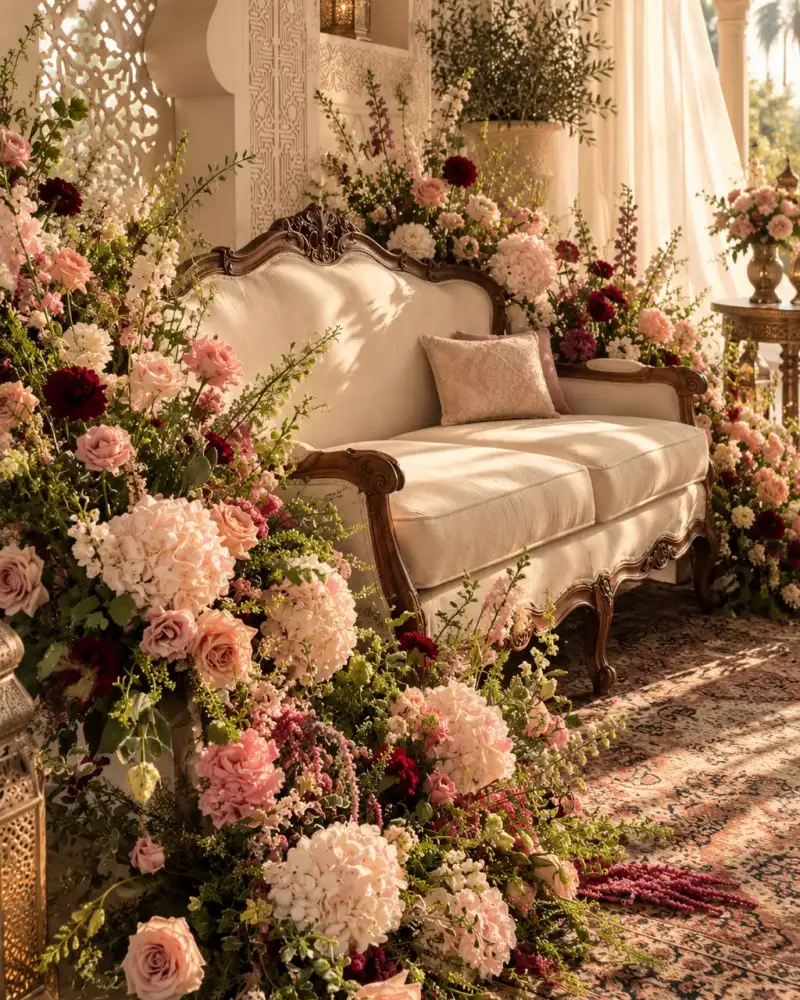 Carved ivory sofa before a mashrabiya screen, surrounded by roses, hydrangeas and lanterns