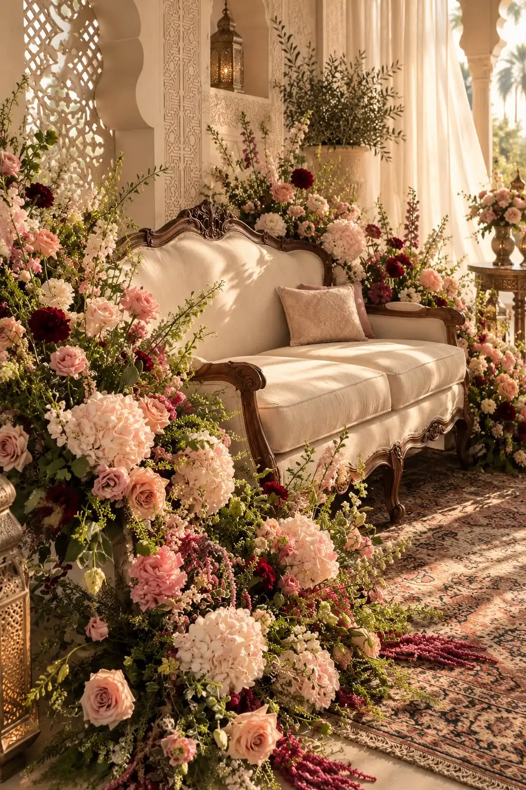 Carved ivory sofa before a mashrabiya screen, surrounded by roses, hydrangeas and lanterns
