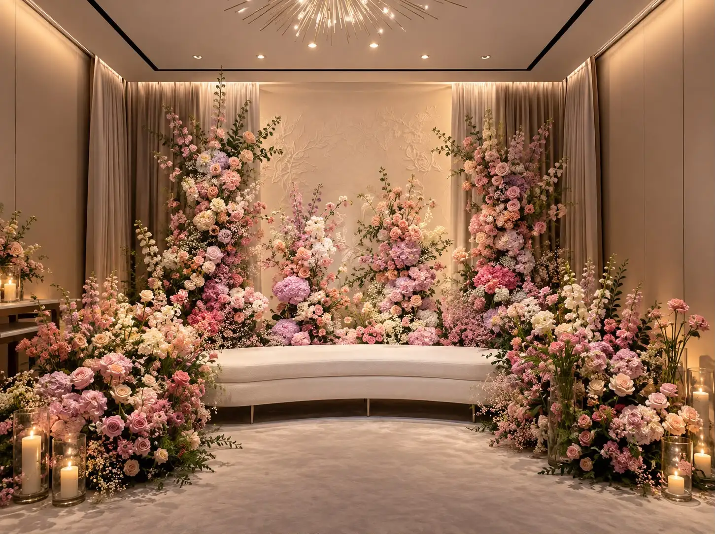 Curved white bench between tall columns of pink and lilac flowers, with candles on the floor