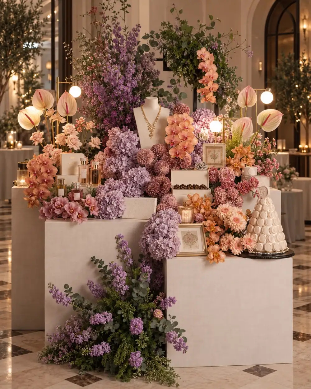 Gift display of jewellery, perfume and sweets on linen plinths among orchids and hydrangeas