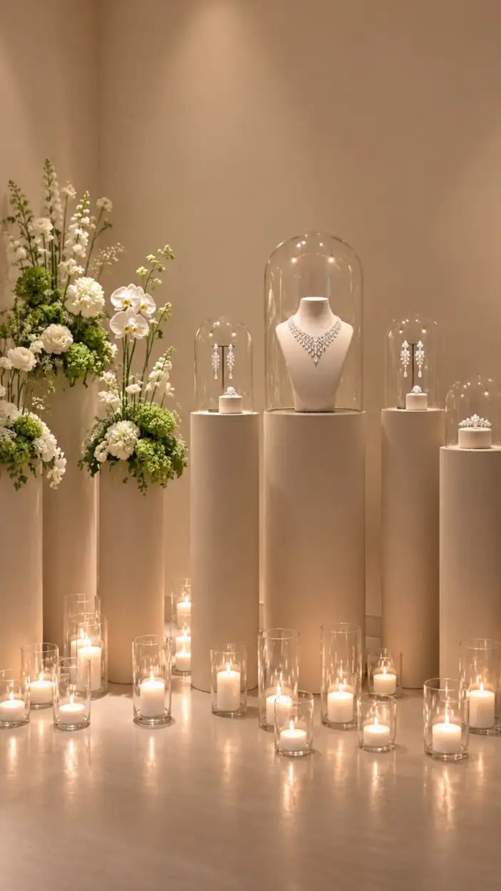 Necklace, earrings and a tiara under glass domes on cream plinths, with white flowers and candles