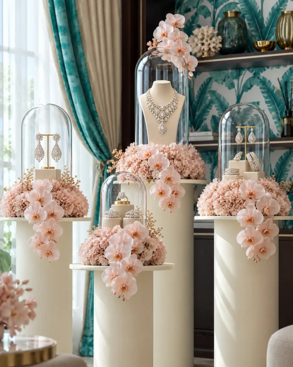 Jewellery under glass domes ringed with blush hydrangeas and orchids, on cream plinths