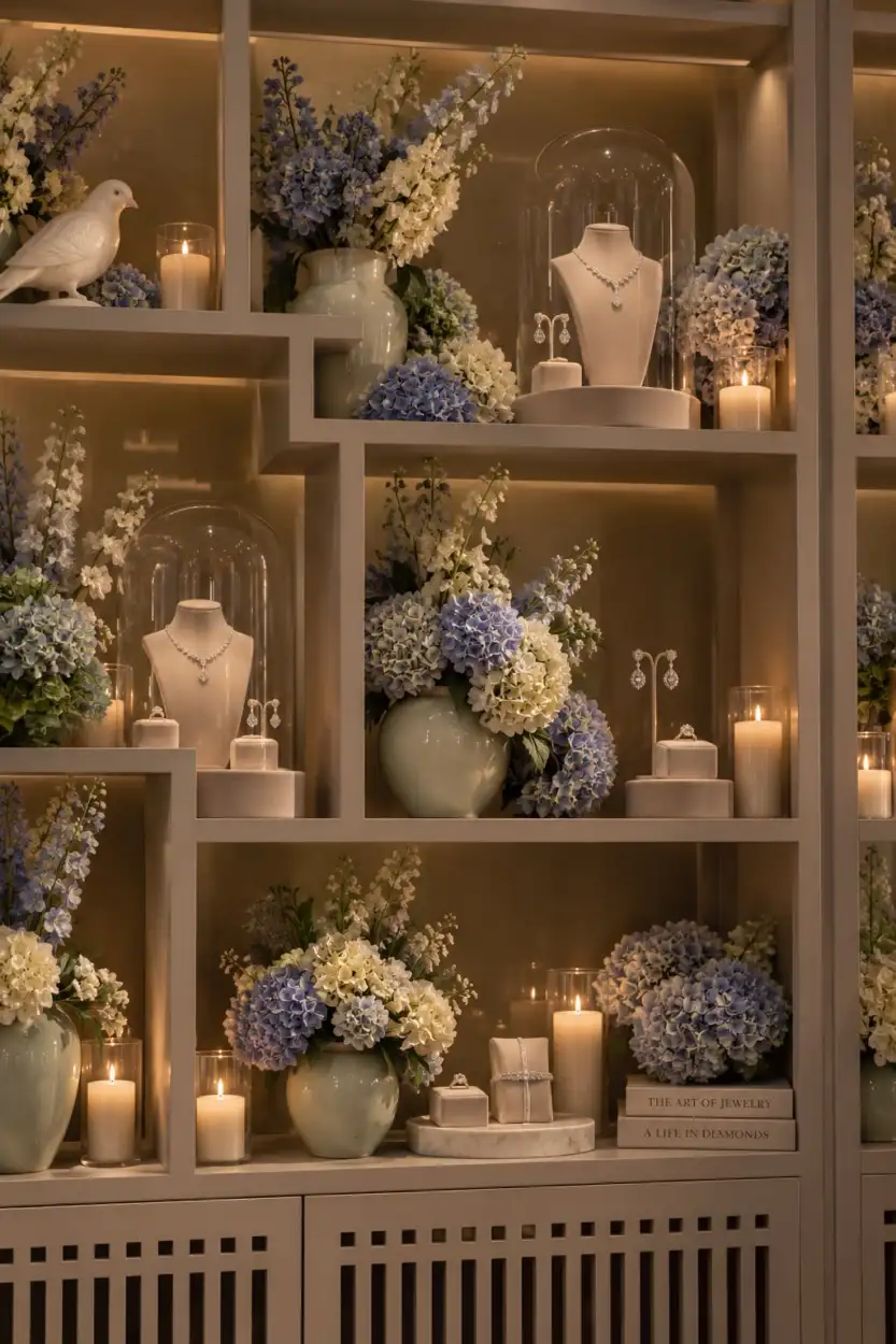Lit shelves with necklaces under glass domes among blue hydrangeas and candles