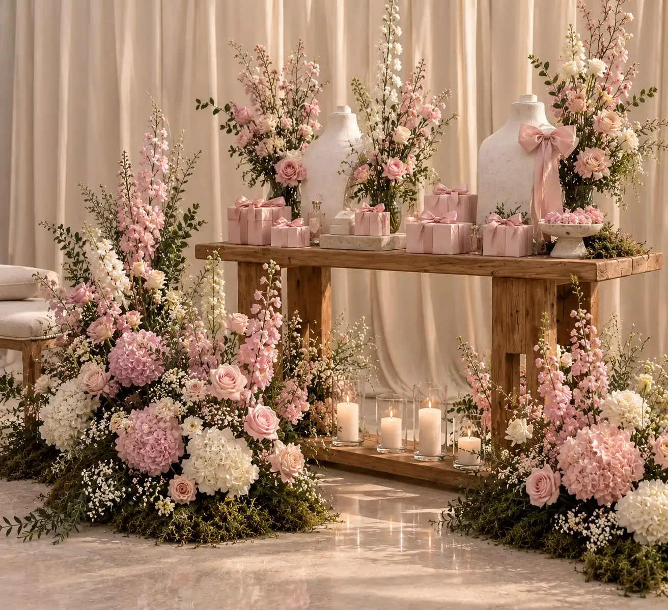 Wooden table of blush gift boxes and perfume between tall arrangements of roses and hydrangeas