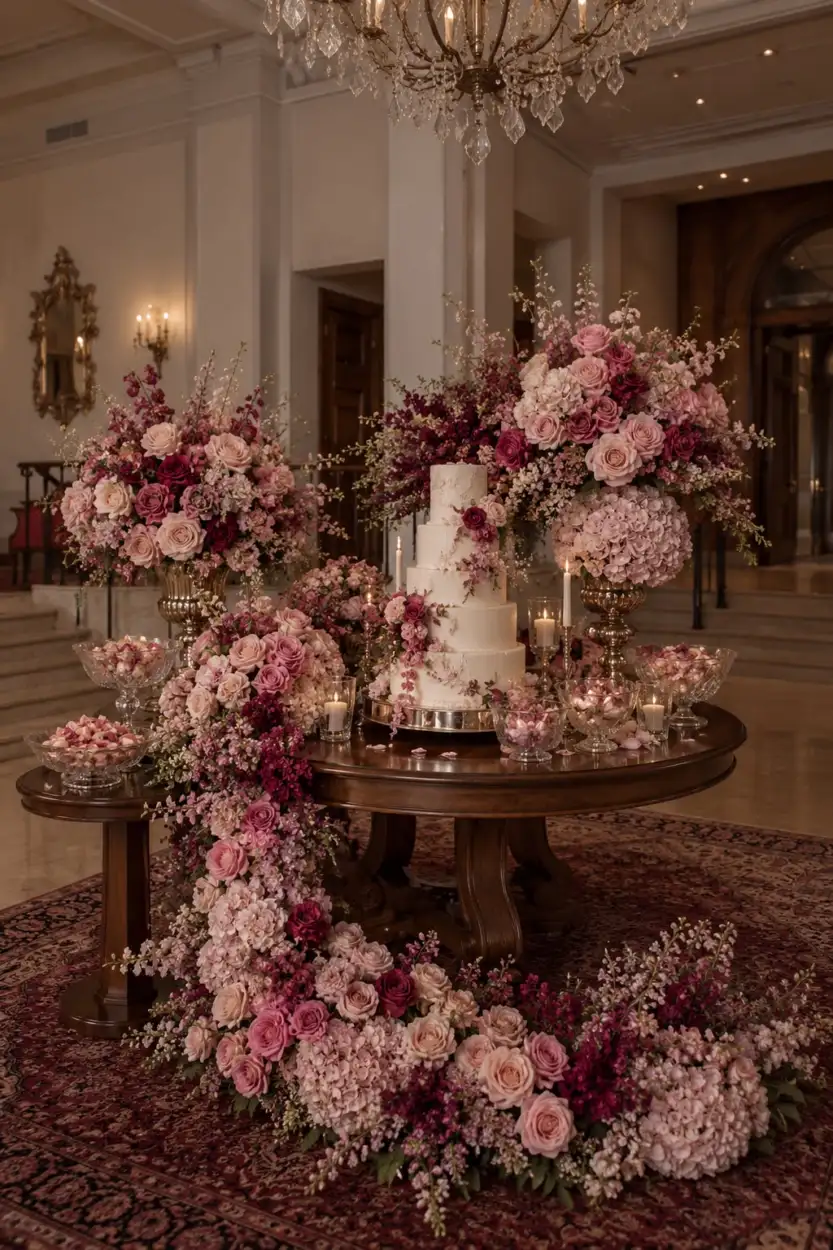 Tiered white cake on a round wooden table among cascading roses and crystal bowls