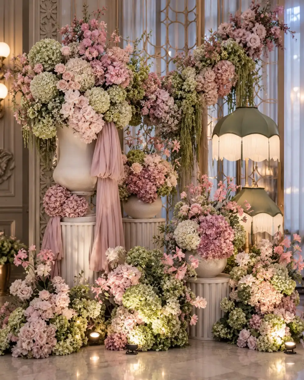 Corner of pink and green hydrangeas in urns, with draped fabric and fringed green lamps