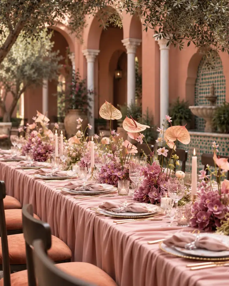 Long table in dusty pink linen with orchids, anthuriums and candles, in a terracotta courtyard
