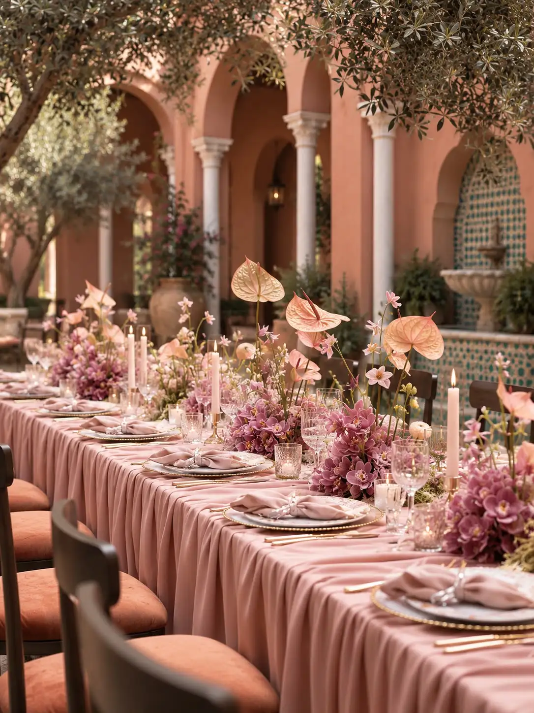 Long table in dusty pink linen with orchids, anthuriums and candles, in a terracotta courtyard