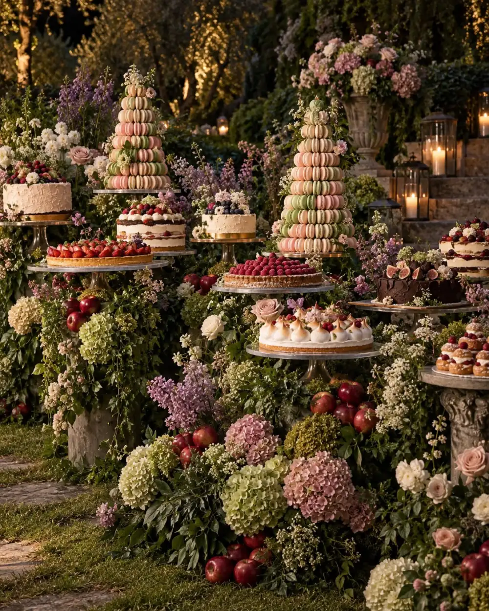 Garden dessert table of macaron towers, cakes and fruit tarts among hydrangeas and lanterns