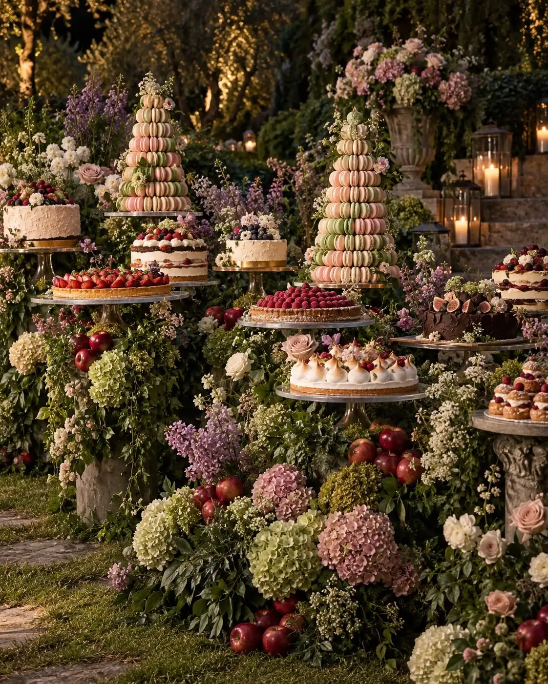 Garden dessert table of macaron towers, cakes and fruit tarts among hydrangeas and lanterns