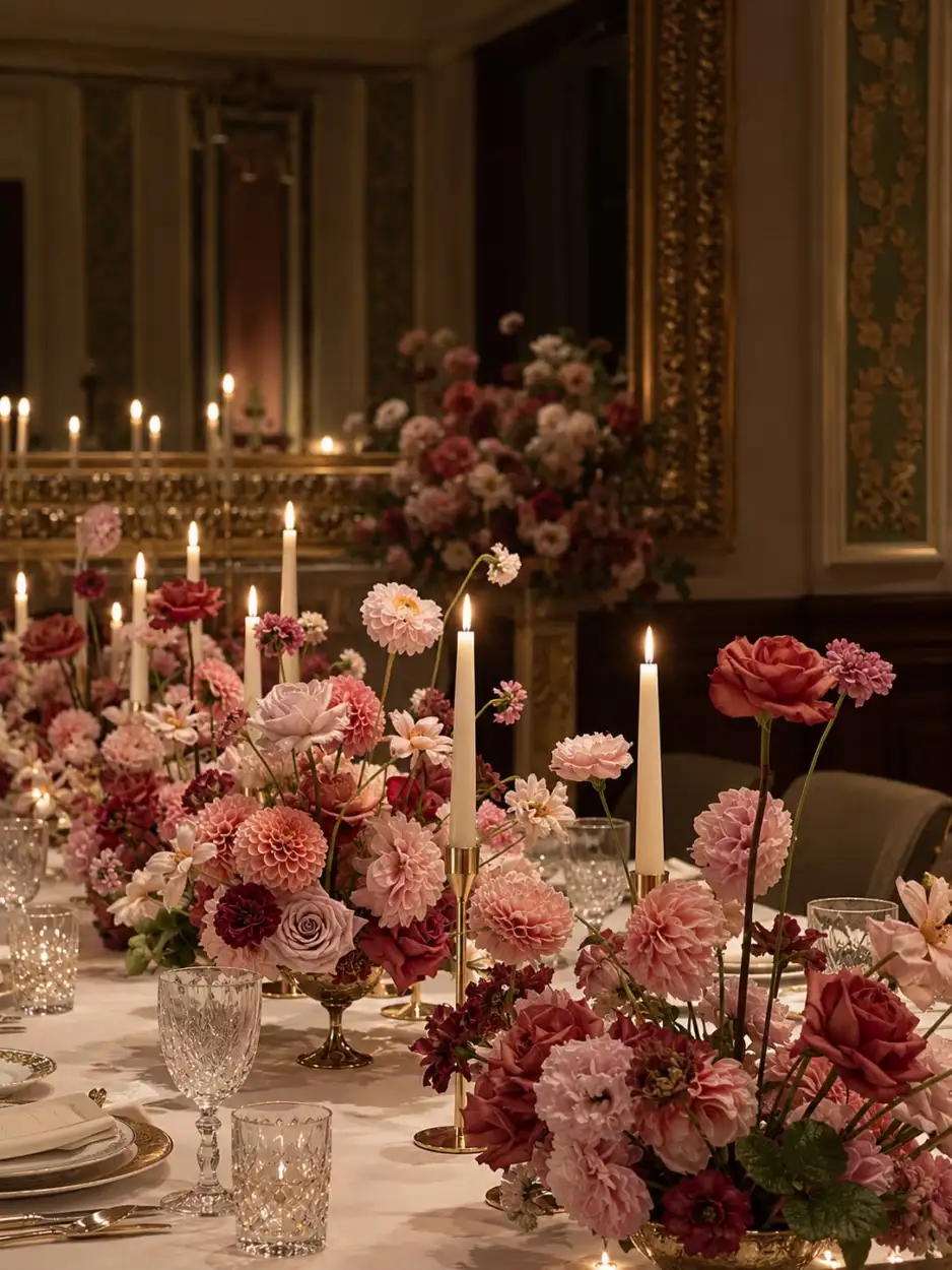Dinner table with dahlias and roses between gold candlesticks and crystal glasses