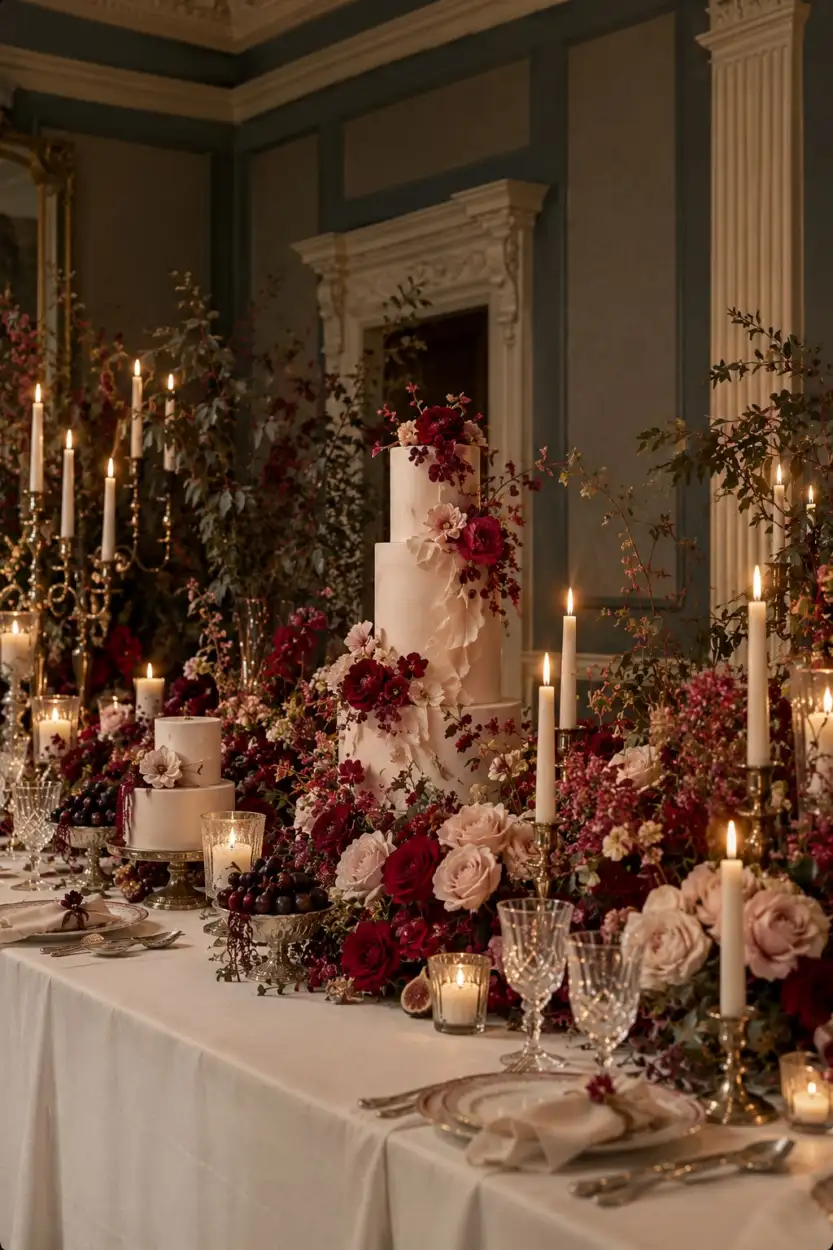 Table of tiered cakes among deep red and blush roses, candles, grapes and figs