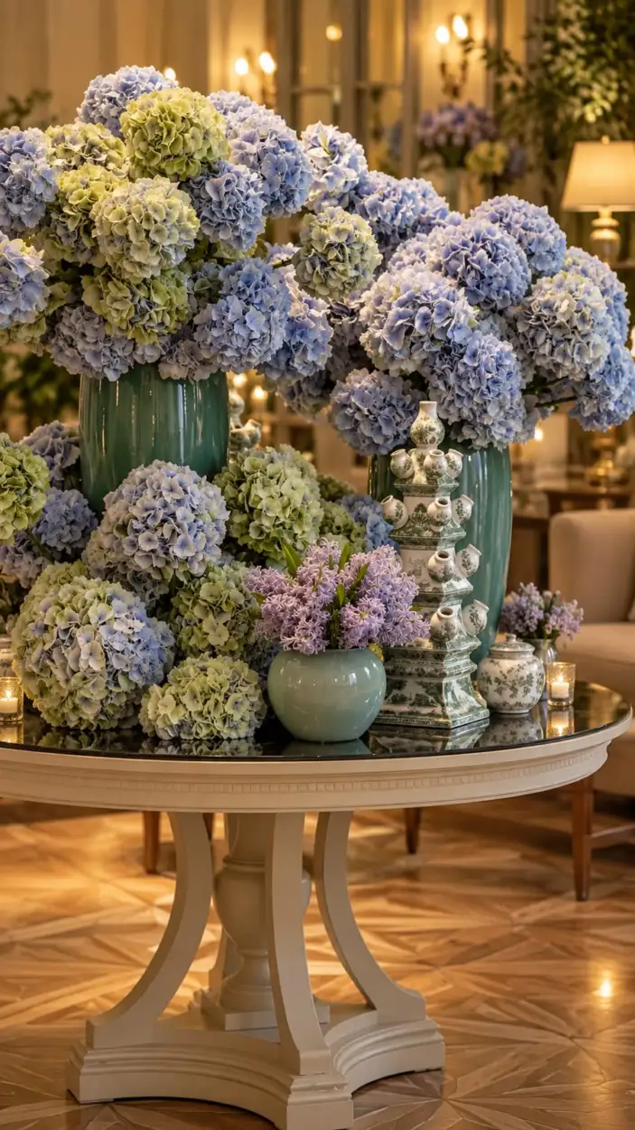 Round table of blue and green hydrangeas in celadon vases, with purple flowers and candles
