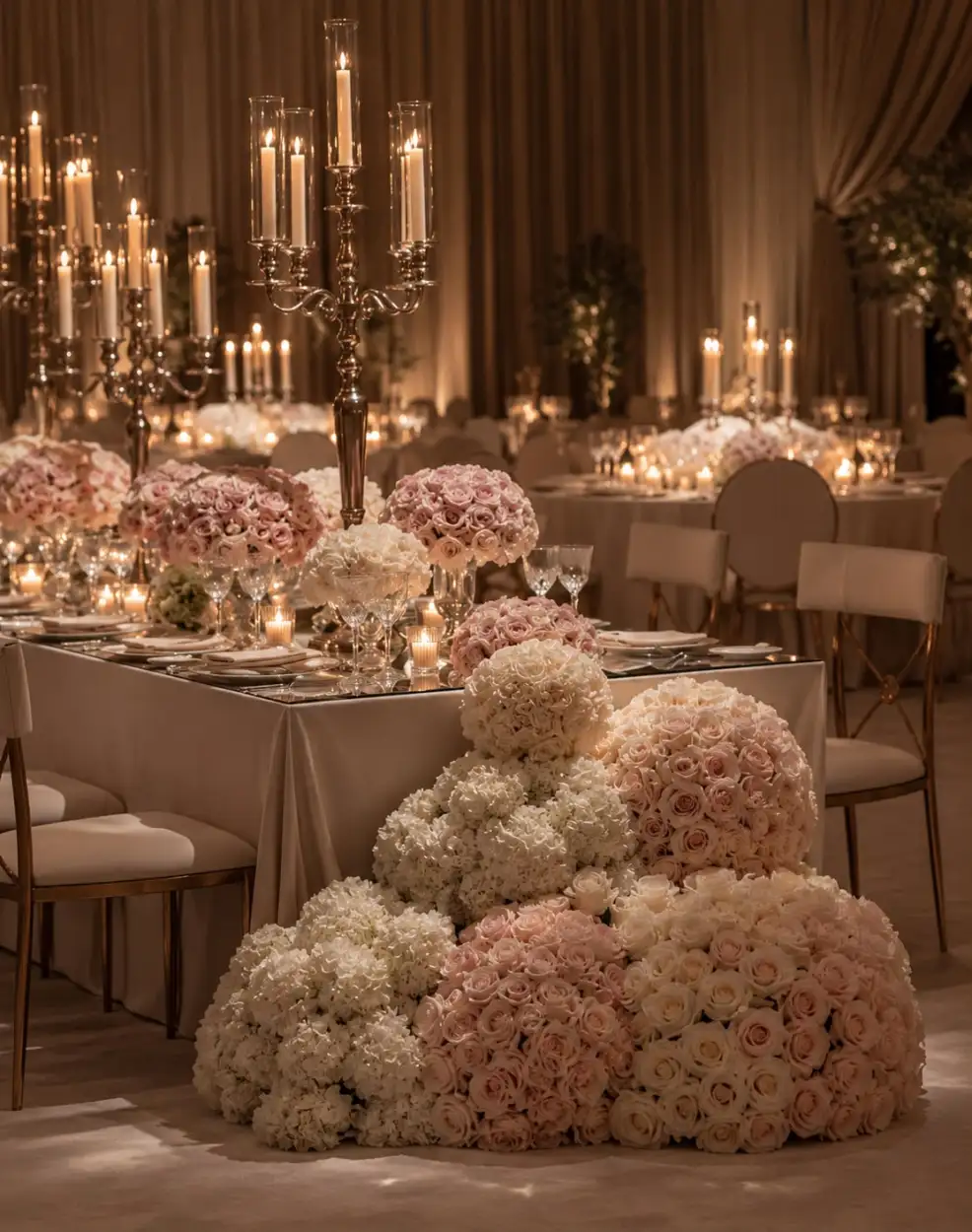 Banquet table with silver candelabras and domes of blush and white roses