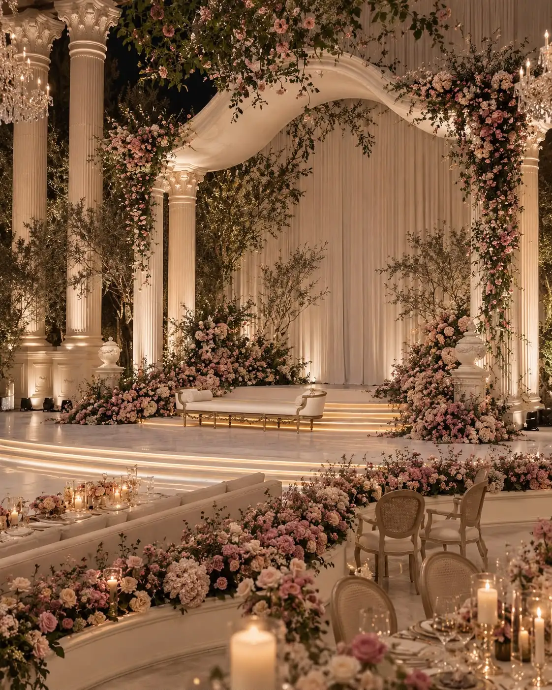 Wedding stage with columns, a curved canopy and a settee among roses, above candlelit tables