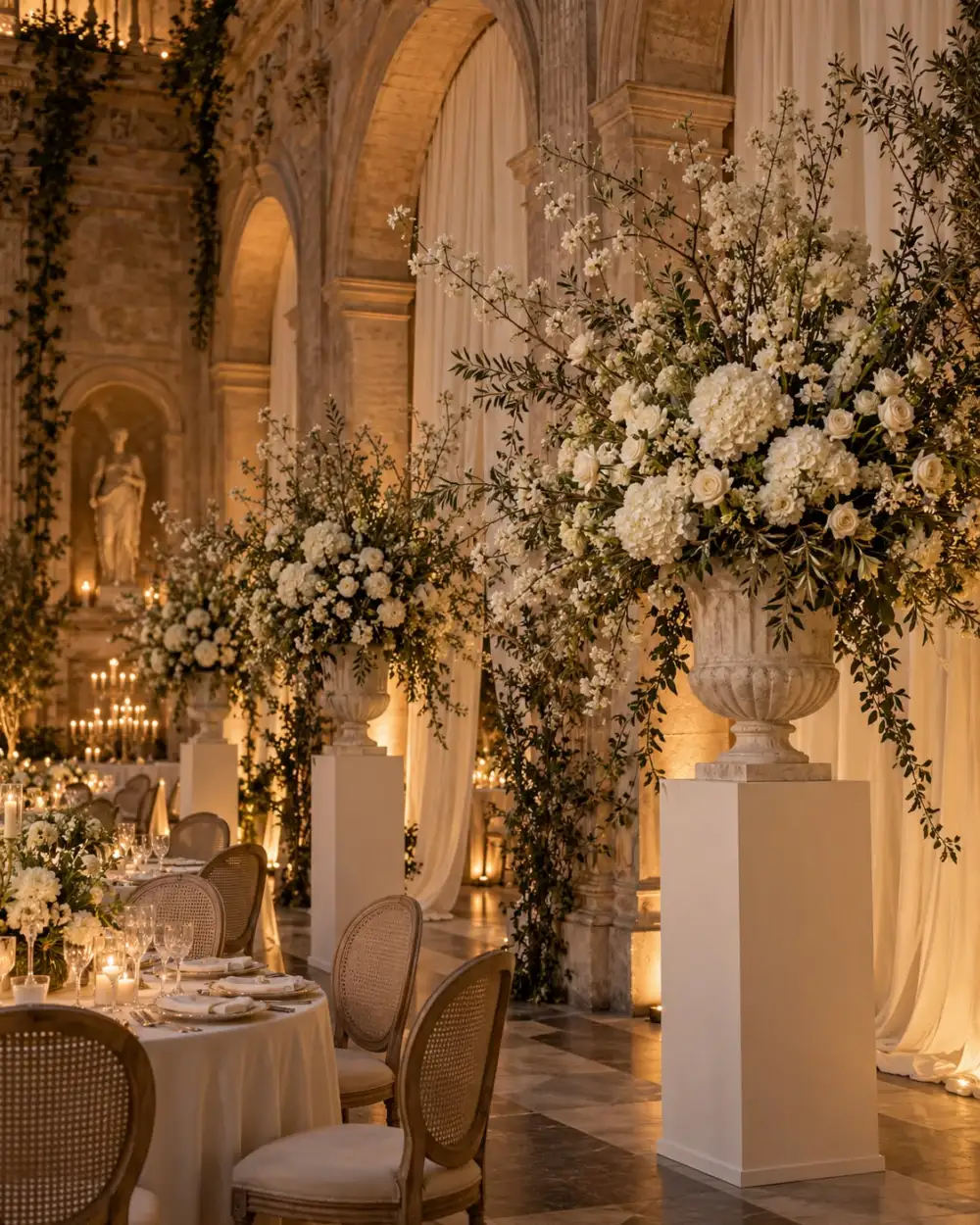 Hall lined with white flowers in stone urns on plinths, beside round tables with cane chairs