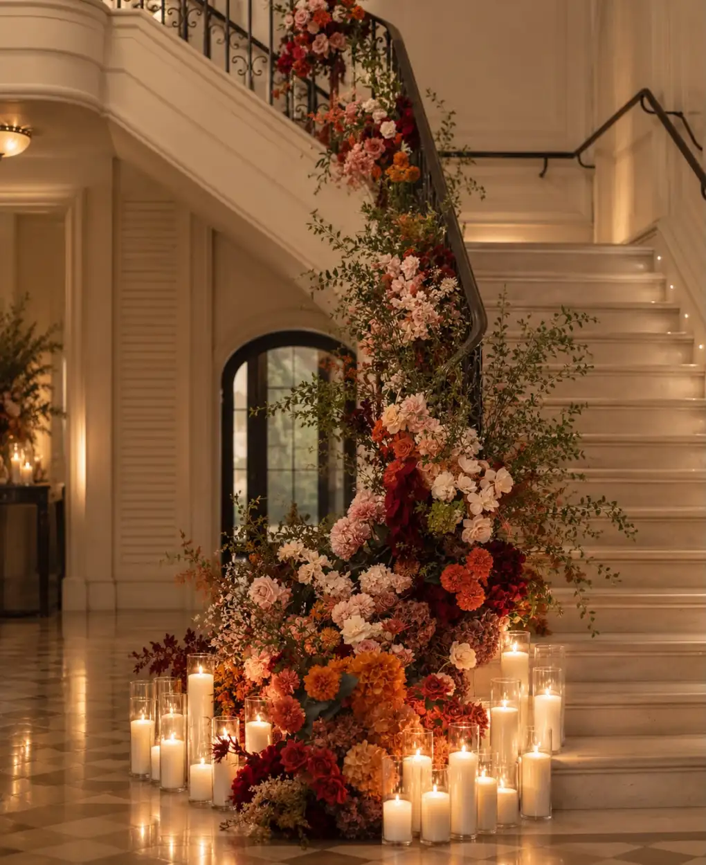 Staircase garland of roses and dahlias in warm tones, with candles gathered at its foot