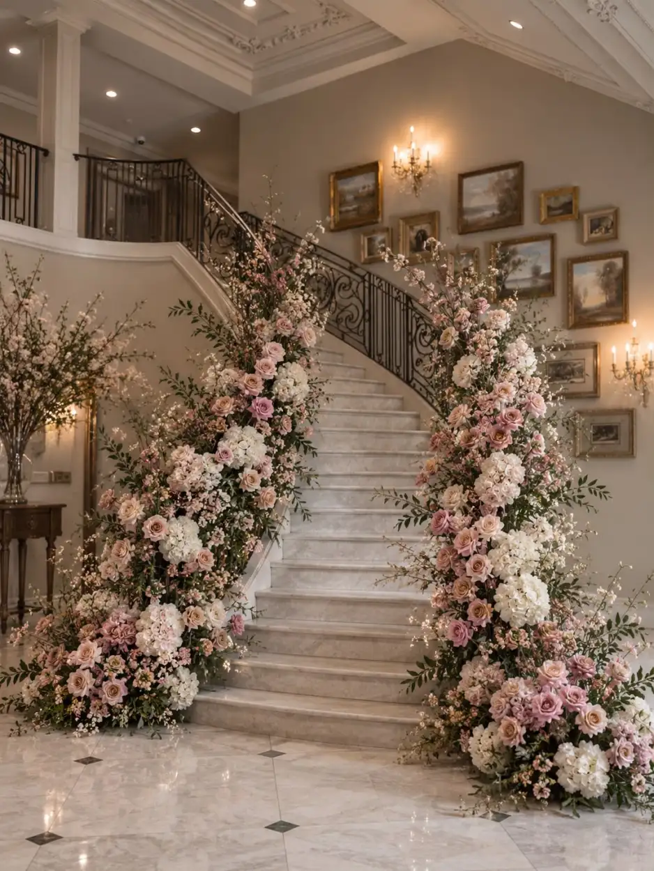 Curved marble staircase framed on both sides by cascades of blush roses and white hydrangeas