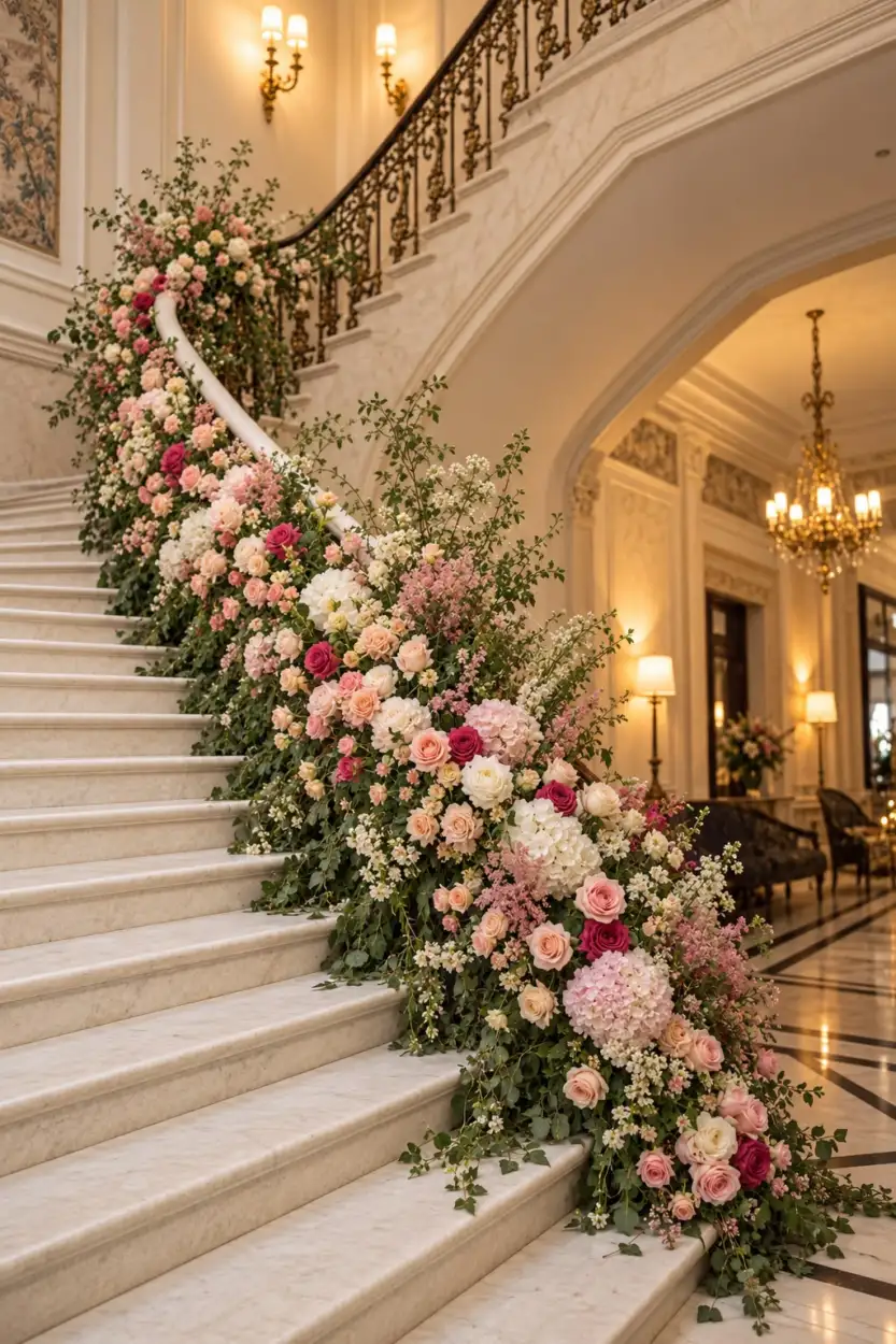 Pink, red and ivory roses with hydrangeas along the banister of a marble staircase