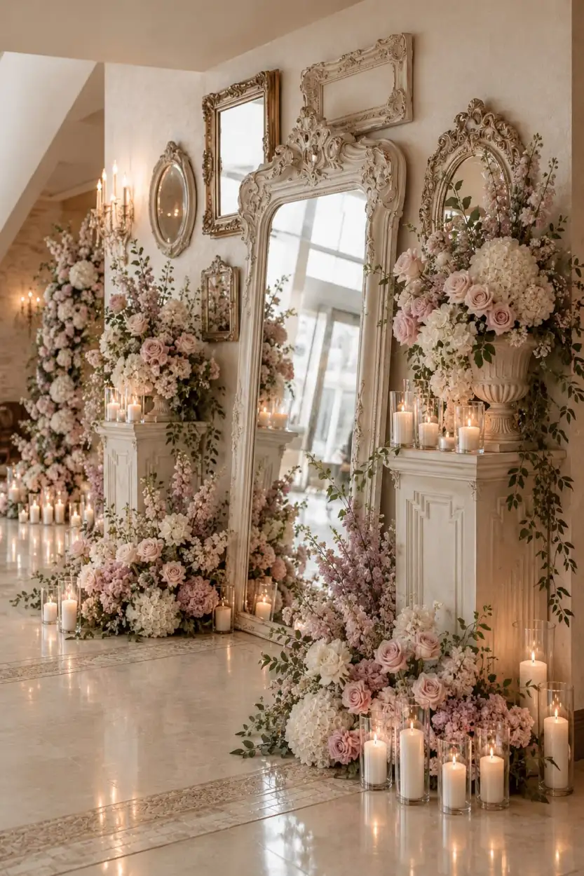 Antique mirrors on a wall between pedestals of roses and hydrangeas, with candles on the floor