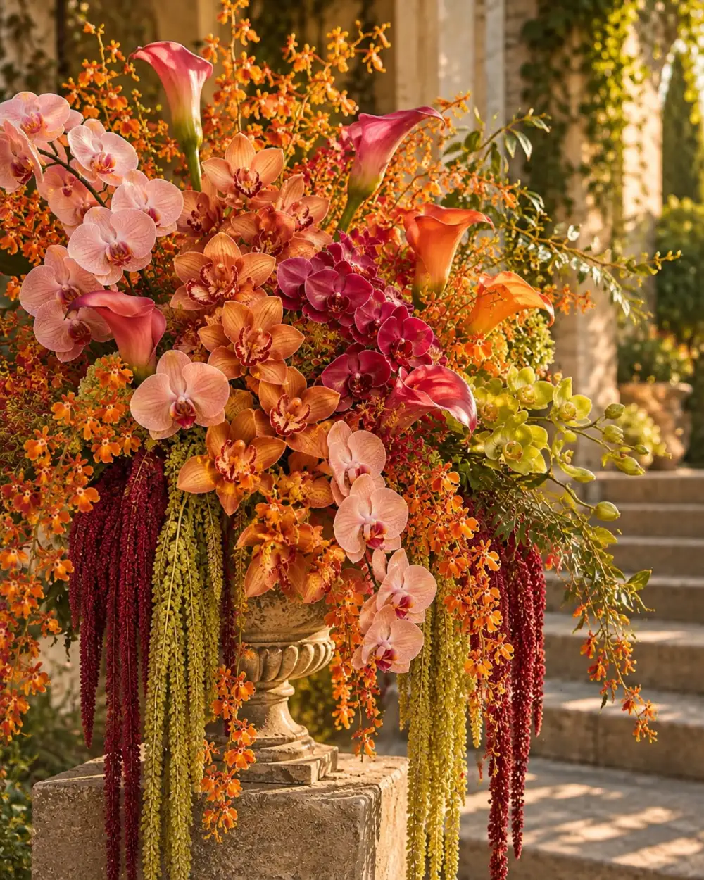 Orchids, calla lilies and trailing amaranthus spilling from a stone urn on garden steps
