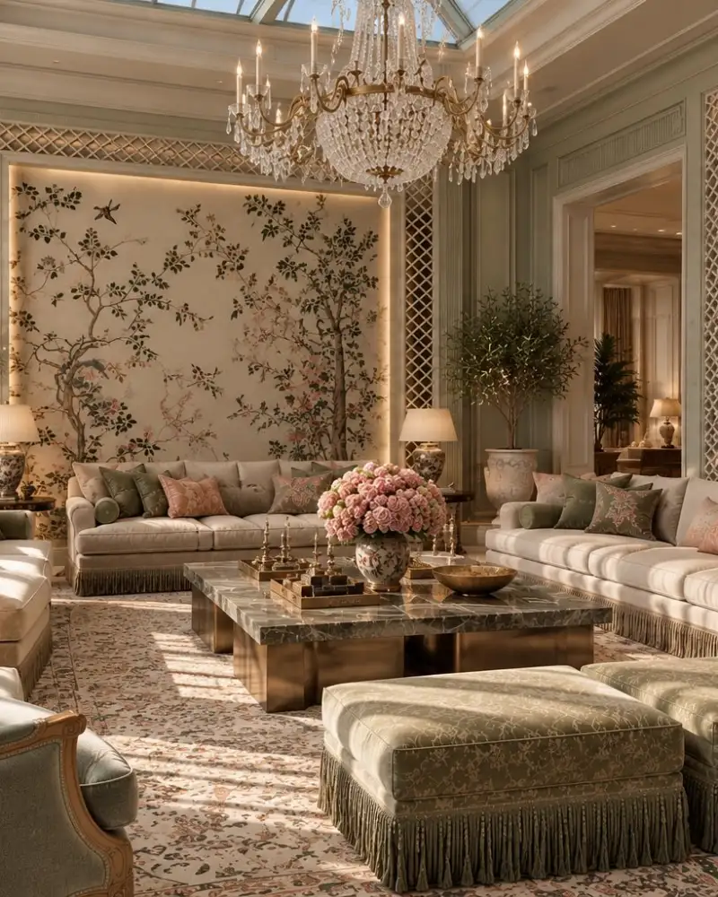 Majlis with chinoiserie wall panels, sage sofas and a crystal chandelier