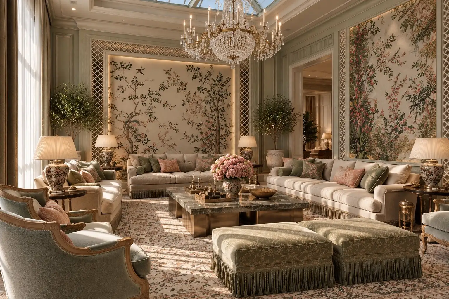 Majlis with chinoiserie wall panels, sage sofas and a crystal chandelier