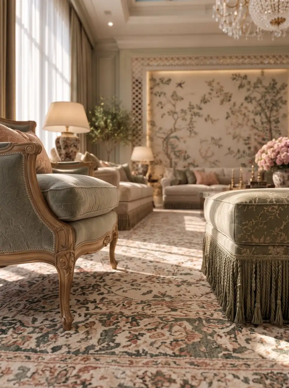 Sage armchair and fringed ottoman before a painted botanical wall