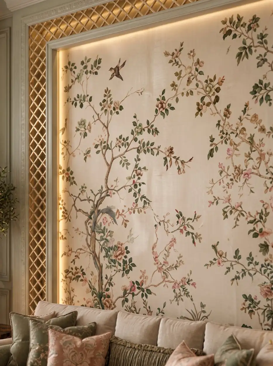Chinoiserie panel of branches and birds in a gilded lattice frame