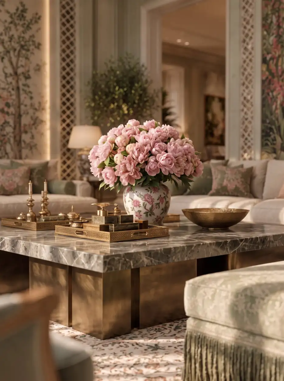Dark marble table with pink peonies